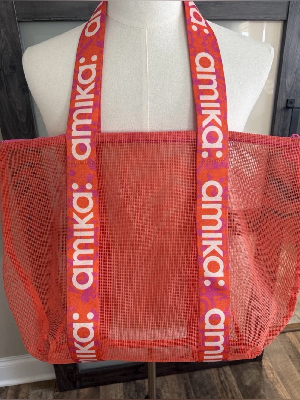 amika Orange Mesh Tote with Pink-Orange Branded Straps